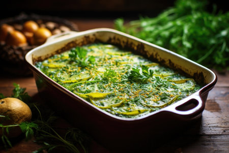 fresh herbs sprinkled over a baked casserole, created with generative aiの素材
