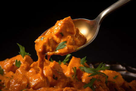 close-up of a spoonful of chicken tikka masala, created with generative aiの素材