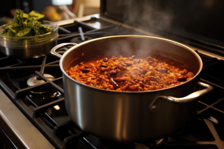 steaming pot of homemade chili on stove, created with generative aiの素材