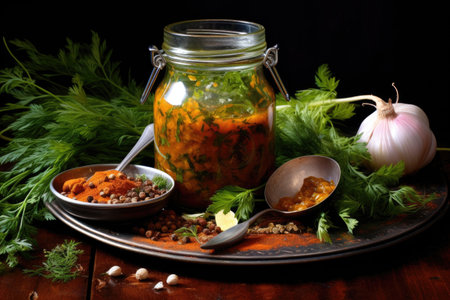 assorted chutney in bowls with serving spoons, created with generative aiの素材