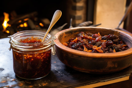 freshly made chutney poured into a jar for preserving, created with generative aiの素材