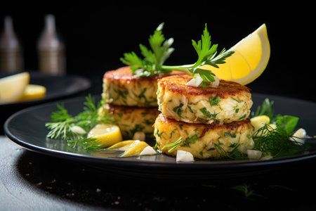 garnishing crab cakes with fresh herbs and lemon wedges, created with generative aiの素材