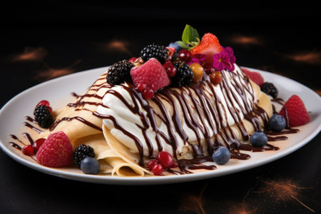 crepes drizzled with syrup and berries on top, created with generative aiの素材