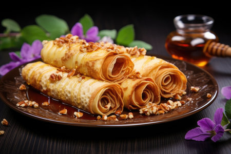 rolled crepes with honey and nuts topping, created with generative aiの素材