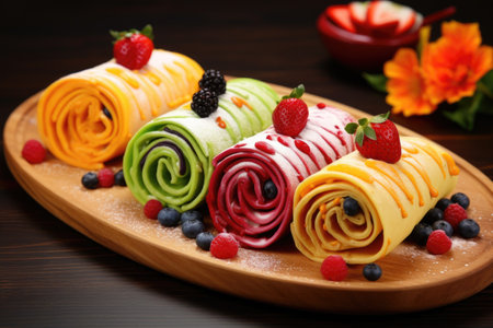 rolled crepes with colorful fruit toppings, created with generative aiの素材