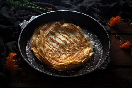 crepes cooking on a non-stick frying pan, created with generative aiの素材