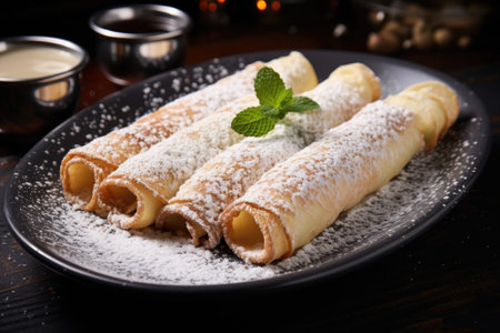 rolled crepes topped with powdered sugar, created with generative aiの素材