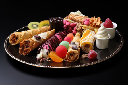 crepe-filled plate with various sweet fillings, created with generative aiの素材