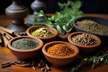 spices and herbs in small bowls, ready for mixing, created with generative aiの素材