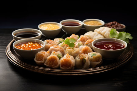 dim sum arranged on a plate with dipping sauce, created with generative aiの素材