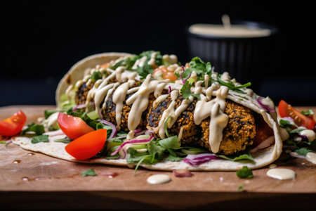 tahini sauce drizzling onto a falafel wrap, created with generative aiの素材