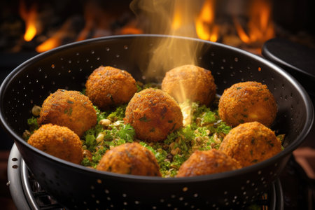 falafel cooking in a deep fryer with hot oil, created with generative aiの素材