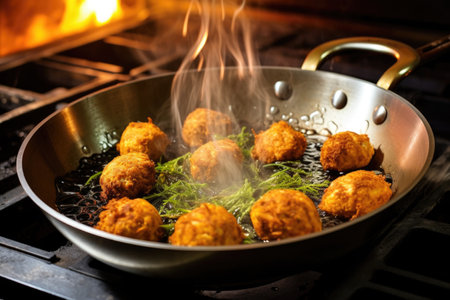 falafel balls frying in hot oil, golden brown, created with generative aiの素材