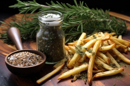 seasoning fries with salt, pepper, and herbs, created with generative aiの素材