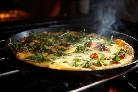 close-up of frittata cooking in the oven, created with generative aiの素材