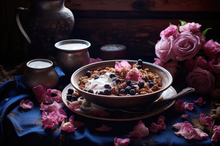 granola in a bowl with milk or yogurt, created with generative aiの素材