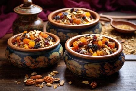 granola mix with dried fruits and nuts in ceramic bowls, created with generative aiの素材