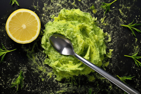 mashed avocado texture with a fork and lemon wedge, created with generative aiの素材