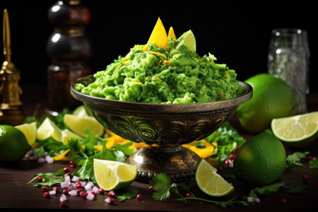 fresh avocados, onion, tomato, and cilantro on a board, created with generative aiの素材