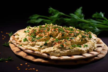hummus spread on a piece of pita bread, created with generative aiの素材