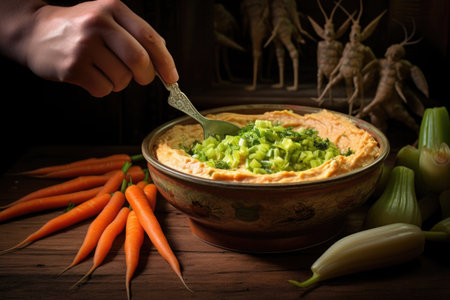 scooping hummus with carrot sticks and celery, created with generative aiの素材