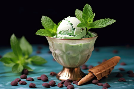 mint leaves and chocolate chips on mint ice cream, created with generative aiの素材