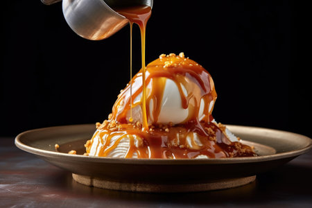 drizzling caramel sauce on a scoop of ice cream, created with generative aiの素材