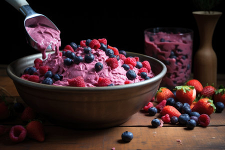 mixing berries into ice cream base for a fruity flavor, created with generative aiの素材