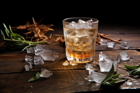 close-up of tea leaves and ice cubes on a wooden table, created with generative aiの素材