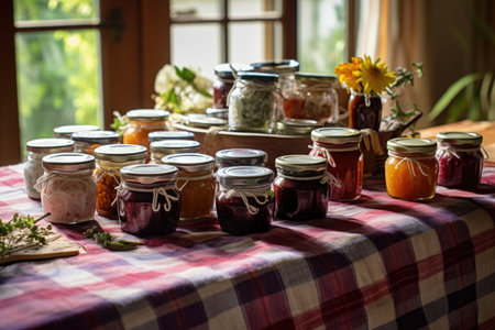 artful arrangement of homemade jams with labels and fabric covers, created with generative aiの素材