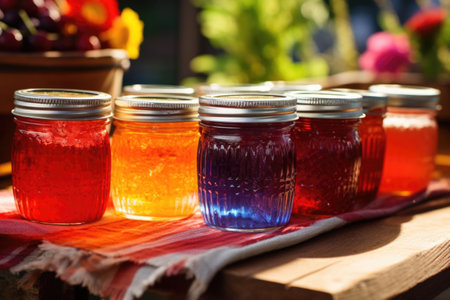 colorful jars of homemade jam and jelly, created with generative aiの素材