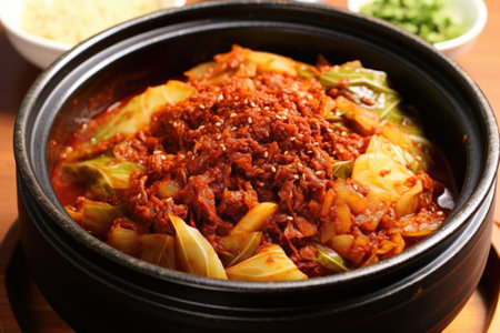 mixing cabbage with chili paste in a large bowl, created with generative aiの素材