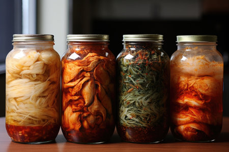fermentation jars filled with kimchi mixture, created with generative aiの素材