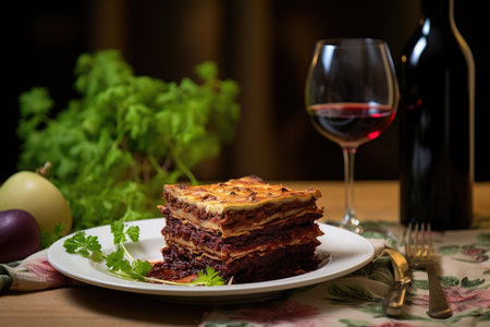 homemade lasagna with a glass of red wine, created with generative aiの素材