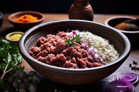 mixing ground meat with spices in a bowl, created with generative aiの素材