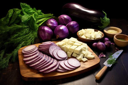 freshly sliced eggplants and potatoes on board, created with generative aiの素材