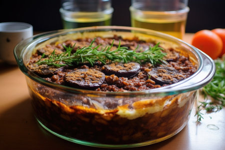 layering moussaka in a glass baking dish, created with generative aiの素材