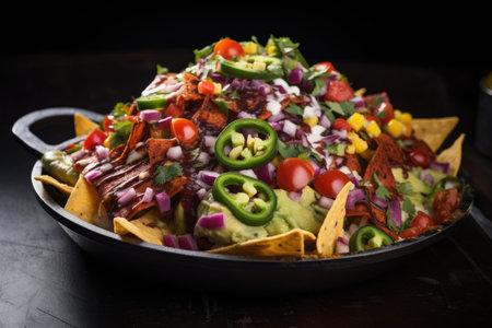 loaded nachos with a variety of toppings and cheese, created with generative aiの素材