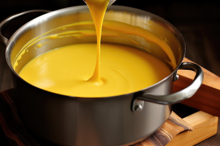 homemade nacho cheese sauce in a pot, created with generative aiの素材