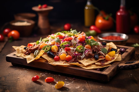 nachos served on a rustic wooden board with garnish, created with generative aiの素材