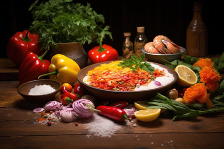 close-up of colorful paella ingredients on a wooden table, created with generative aiの素材