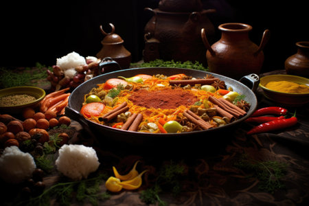 various spices and herbs used in traditional paella cooking, created with generative aiの素材