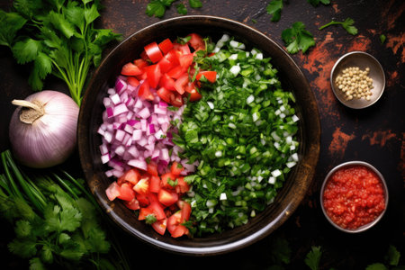 top view of pico de gallo ingredients mixed in a bowl, created with generative aiの素材