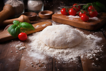 fresh pizza dough on a floured wooden surface, created with generative aiの素材