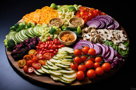 sliced vegetables and toppings on pizza, created with generative aiの素材