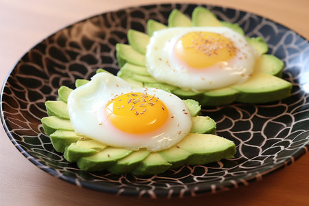poached eggs on toast with avocado slices, created with generative aiの素材