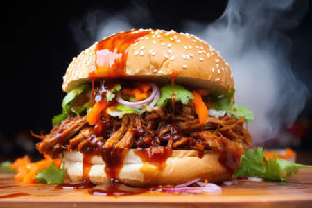 steaming pulled pork on a fresh bun, created with generative aiの素材