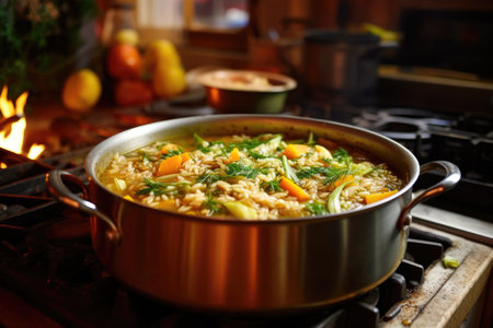 adding vegetable broth to simmering risotto mix, created with generative aiの素材