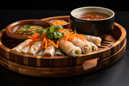 spring rolls in bamboo steamer with dipping sauce, created with generative aiの素材