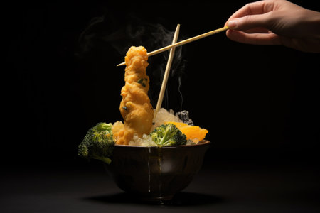 chopsticks holding a piece of vegetable tempura, created with generative aiの素材